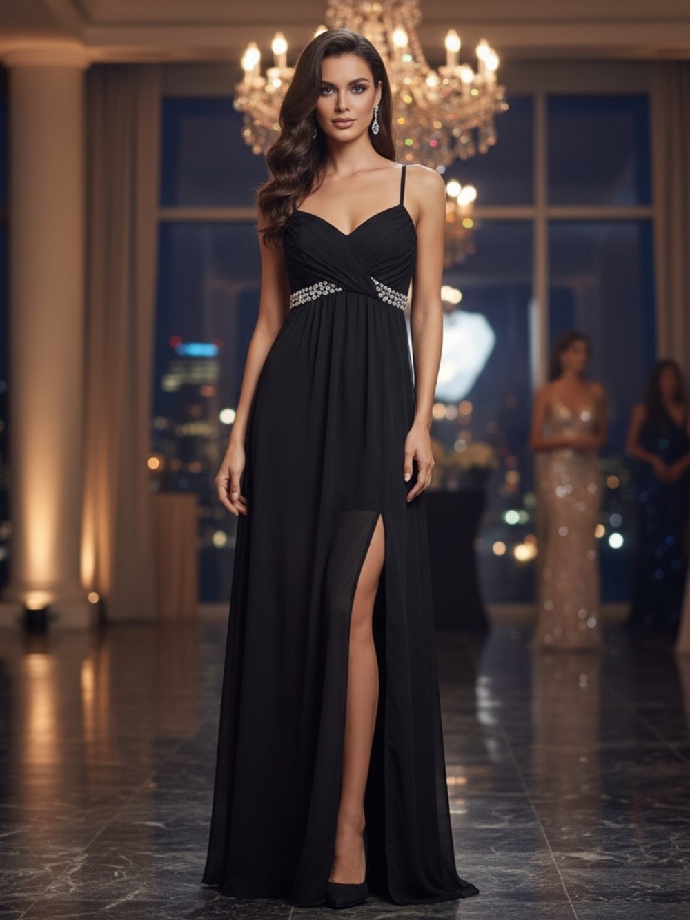 Sweet Storm Black Spaghetti-Strap Prom Gown with Rhinestone Waist